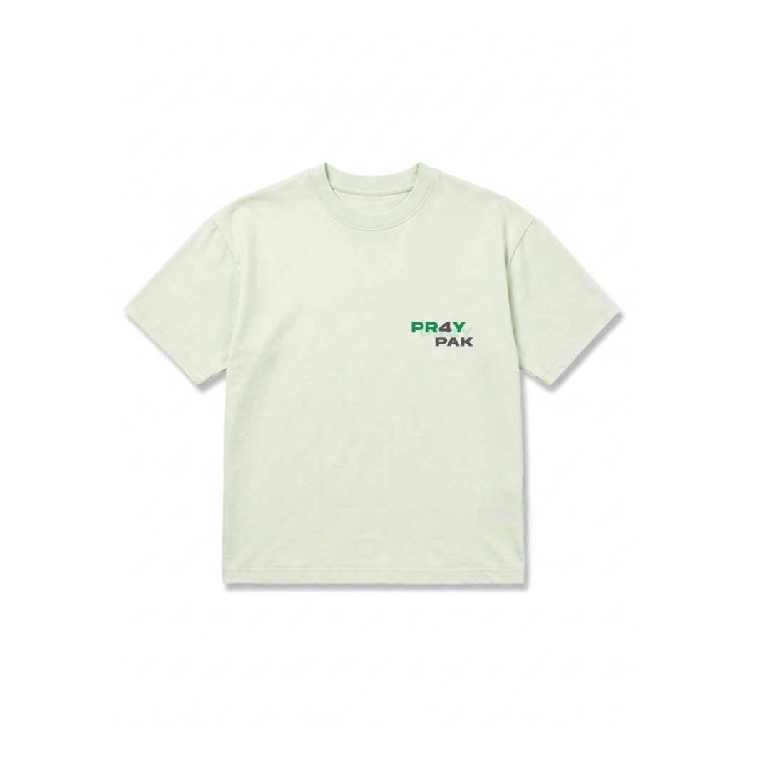Camiseta verde menta PR4Y FOR Pakistan, vista frontal con print «PR4Y PAK» en el pecho