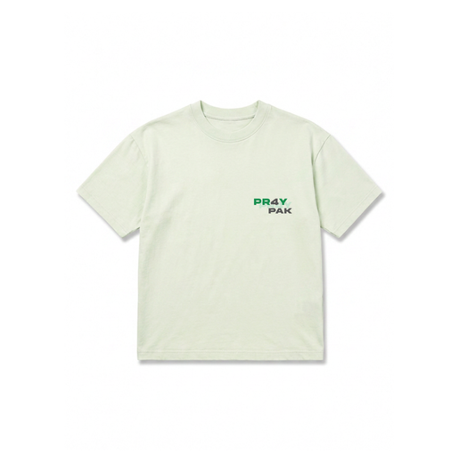 Camiseta verde menta PR4Y FOR Pakistan, vista frontal con print «PR4Y PAK» en el pecho
