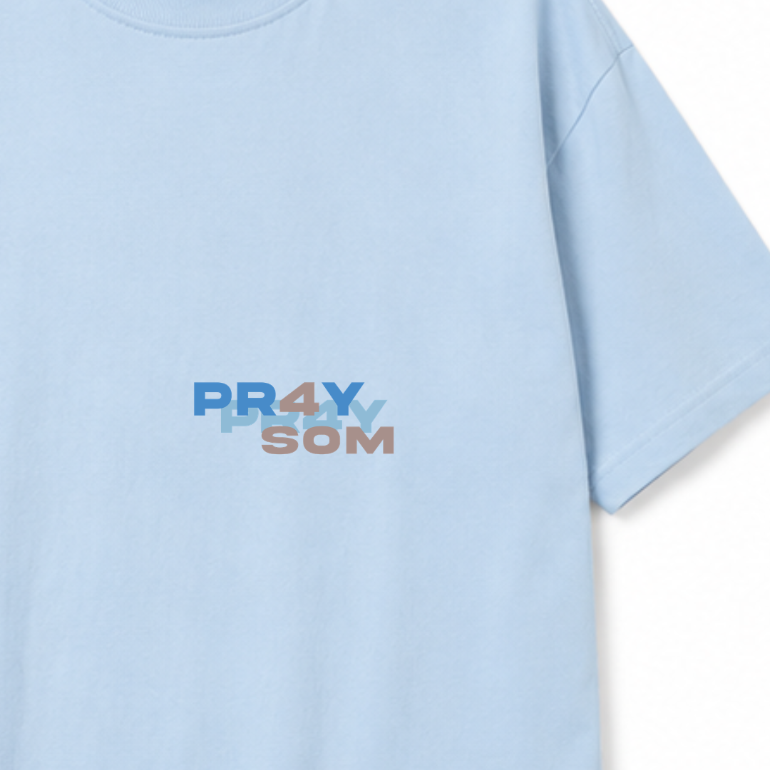 Detalle del print frontal «PR4Y SOM» en la camiseta celeste
